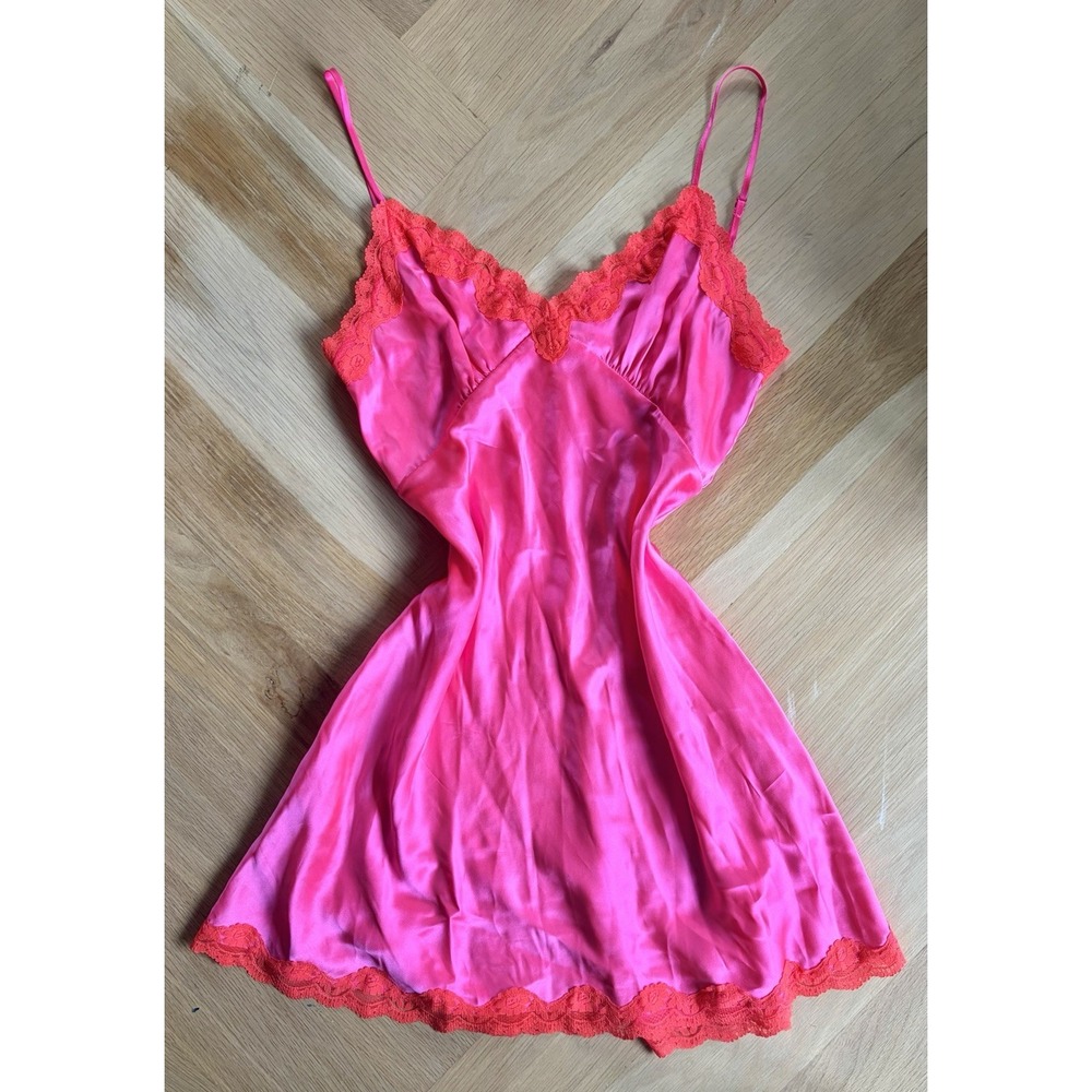 From Future 100% Silk Slip Dress Neon Pink With Orange Lace Size 36